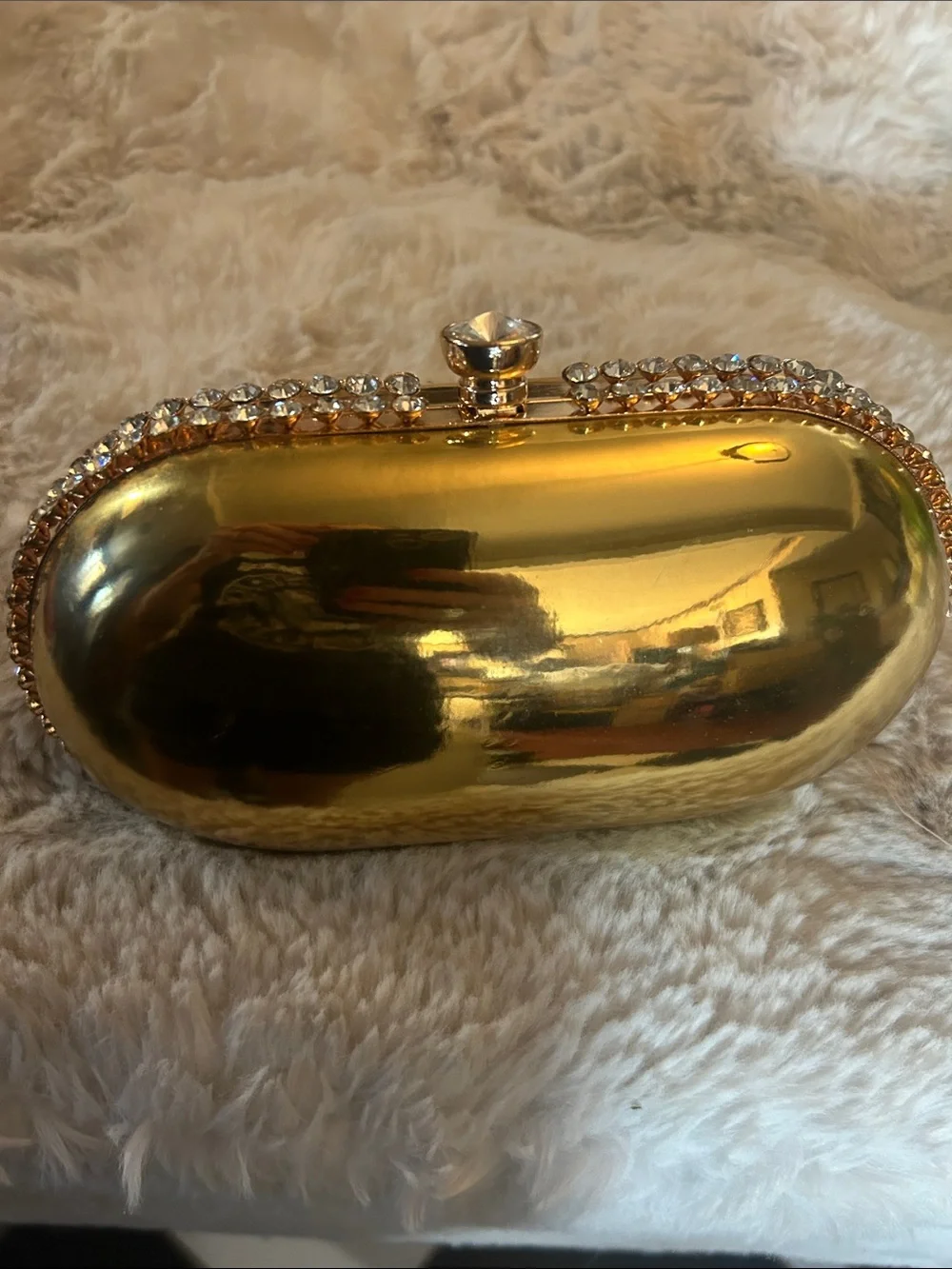 Elegant and Chic Aqua Gold Metallic Crystal-Trim Clutch with Chain Strap